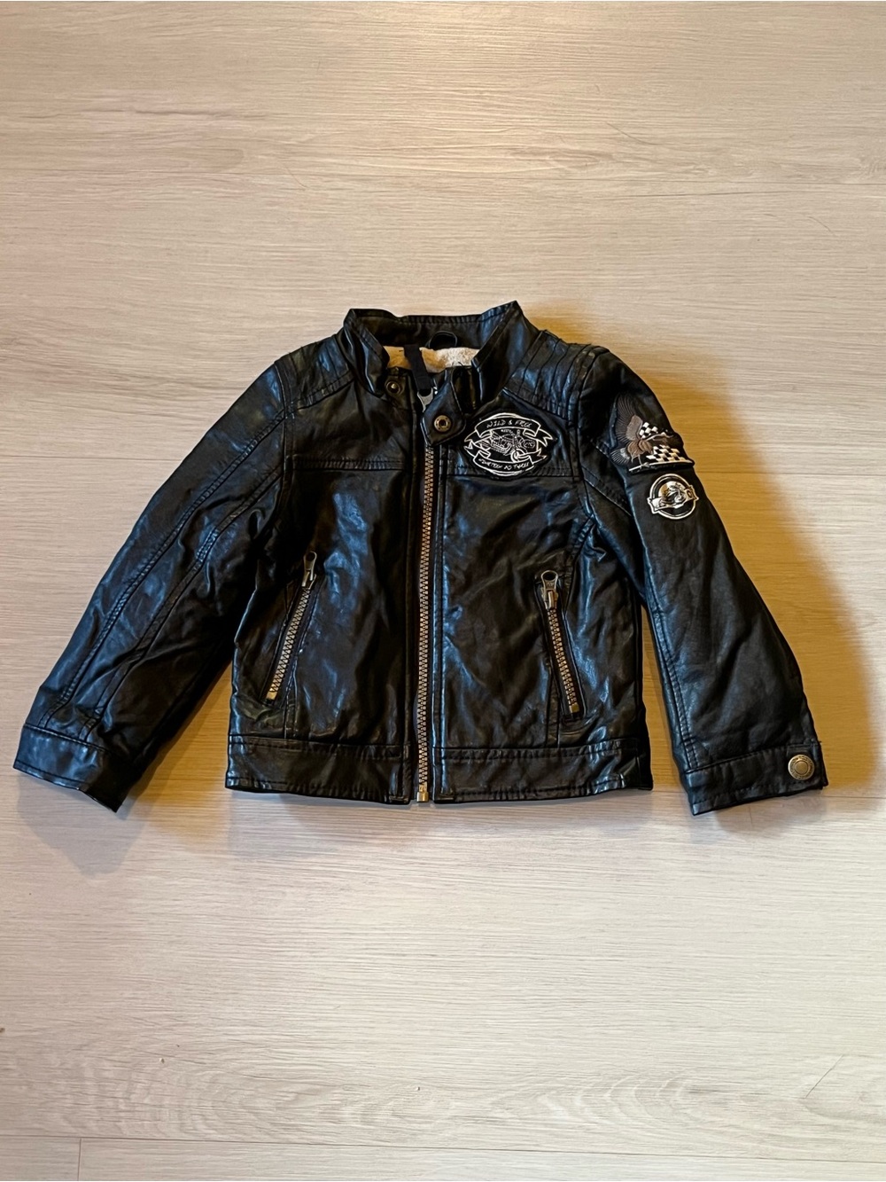 London Fog Faux Leather Motorcycle Jacket Racing Patches "Wild & Free" Size 24M
